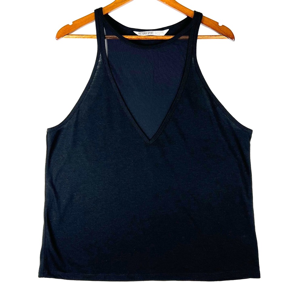 VICTORIAS SPORT Black Tank Top Women's Size L Mesh Round Neck Sport Gym Athletic